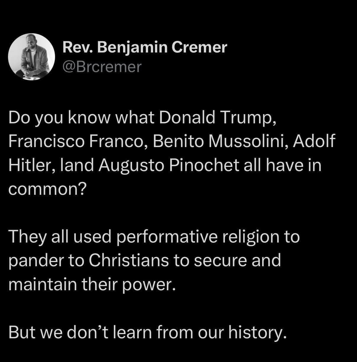 A tweet discusses how certain historical and political figures used performative religion to maintain power.